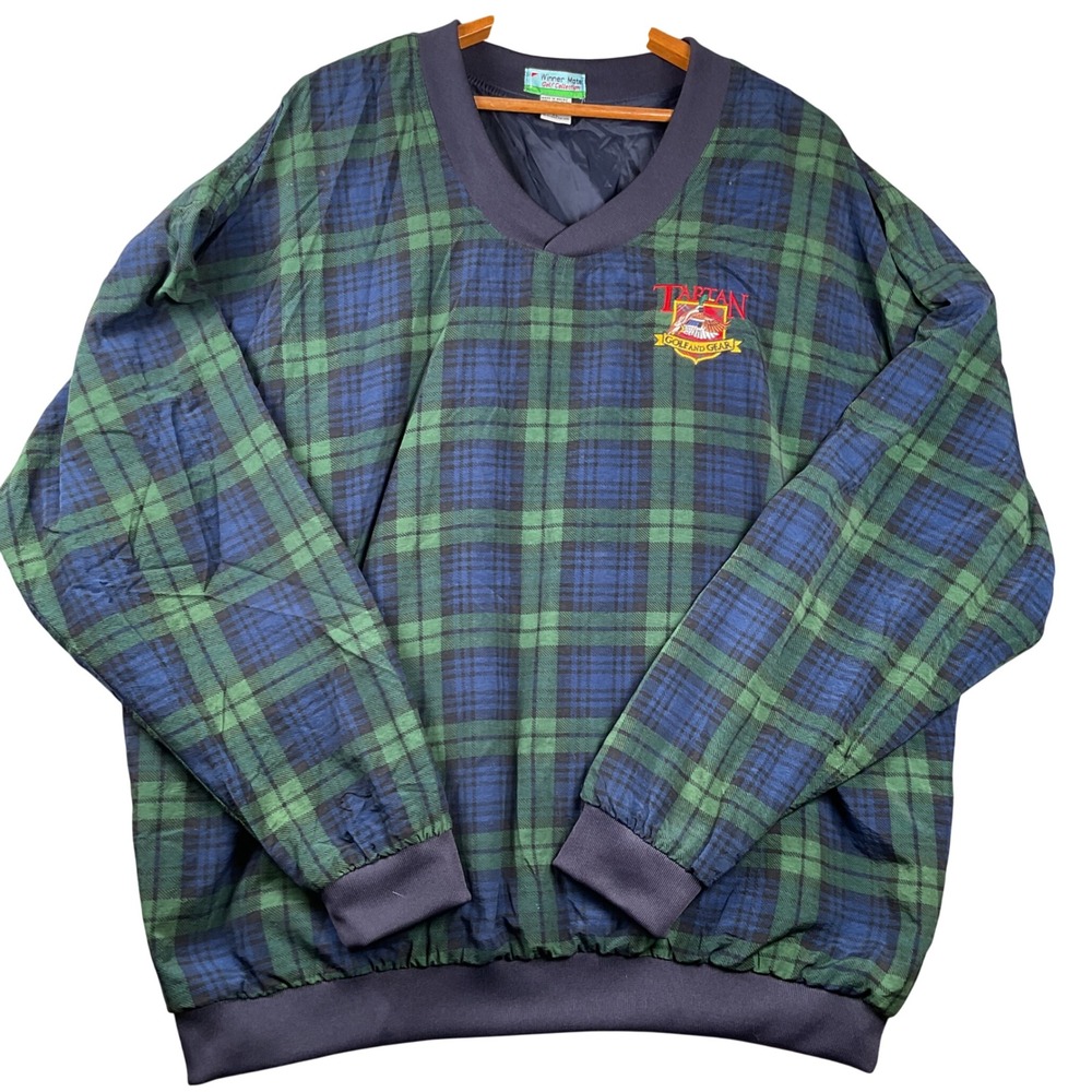 Winner Mate Windbreaker Men XL Green Blue Tartan Plaid Golf Pullover V-Neck Duck
